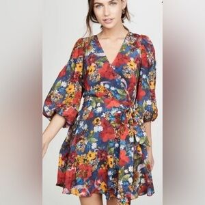 ALICE AND OLIVIA KERRI FLORAL-PRINT SILK CREPE DE CHINE WRAP MINI DRESS BLUE 10